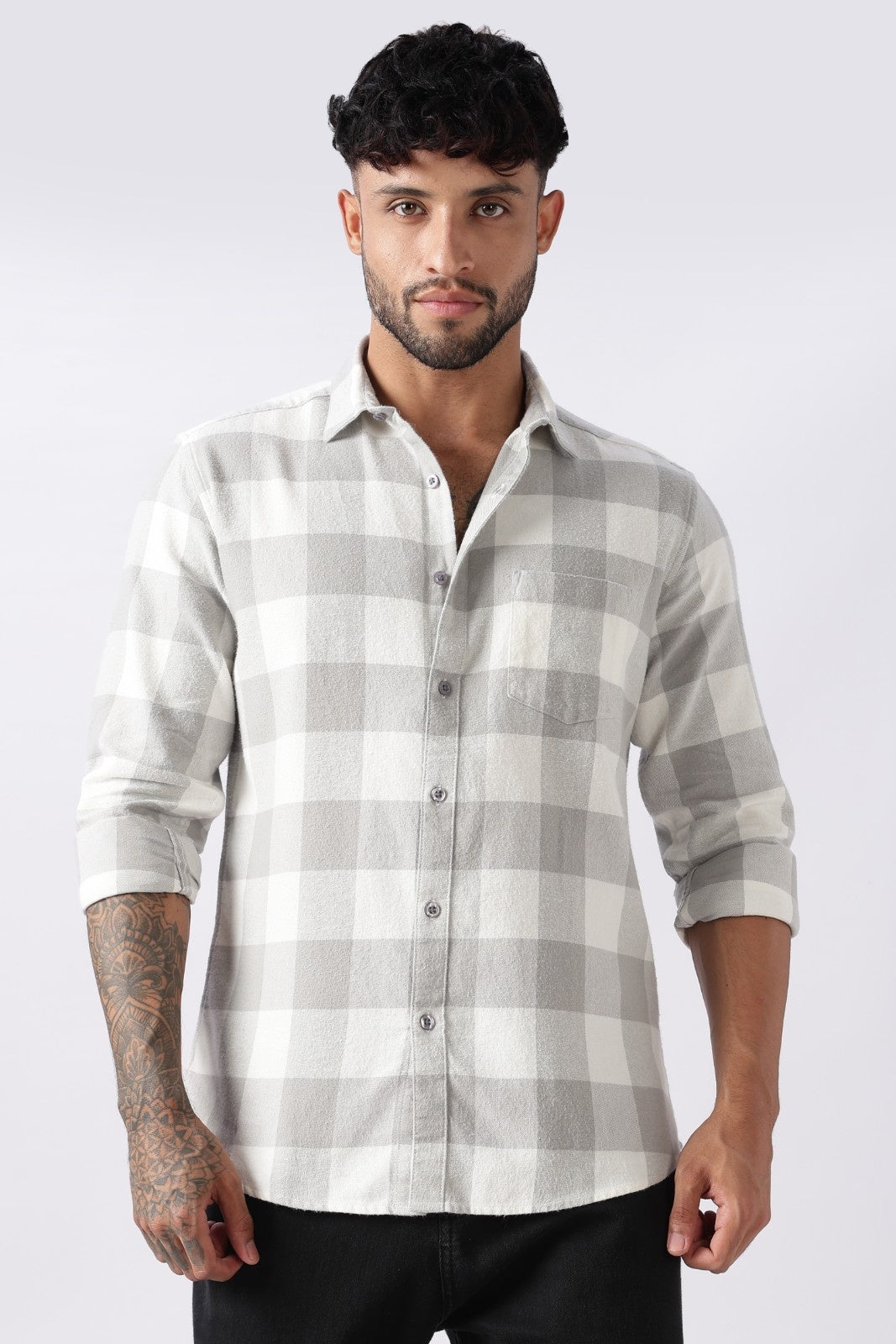 Mist Grey Buffalo Check Casual Shirt
