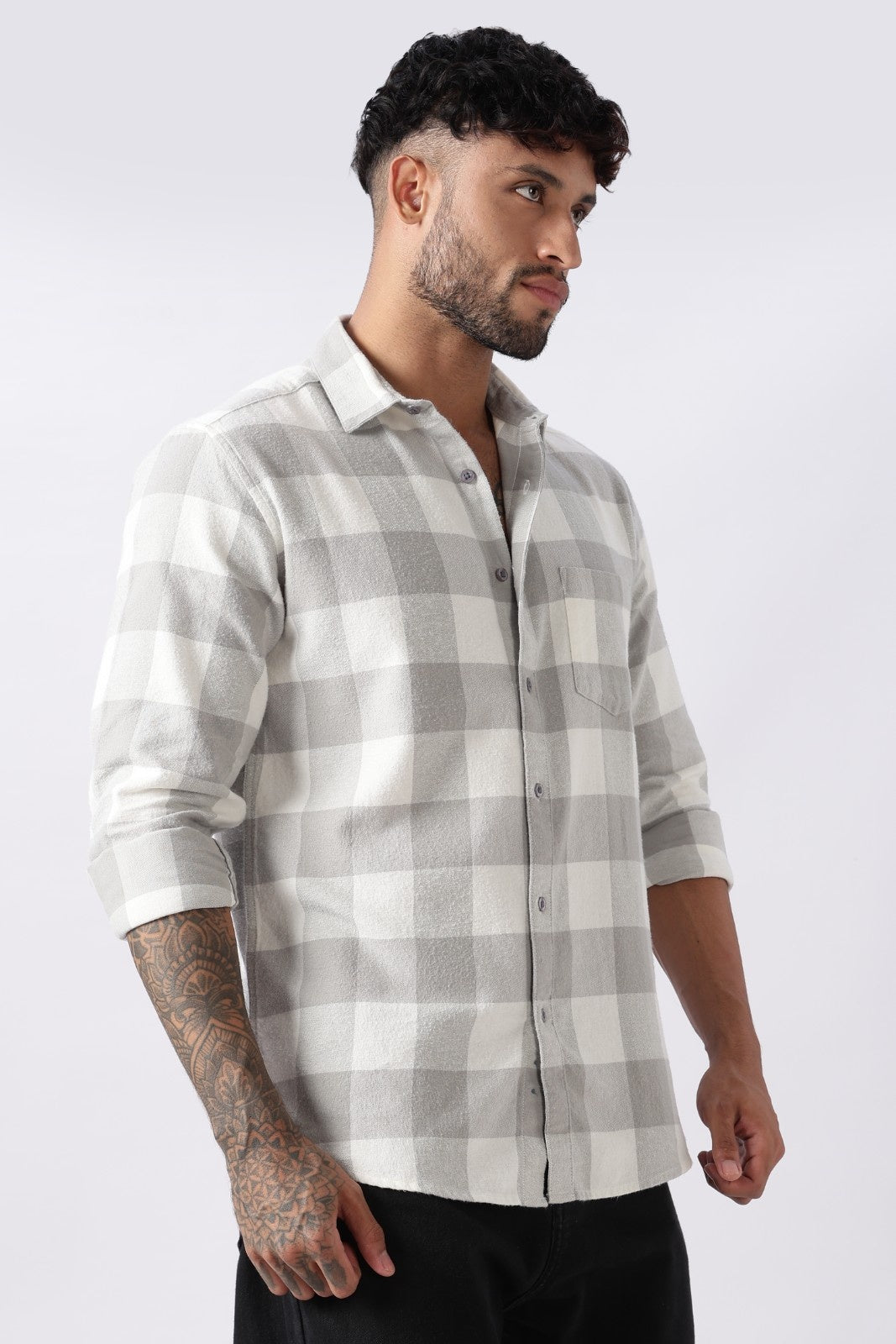 Mist Grey Buffalo Check Casual Shirt