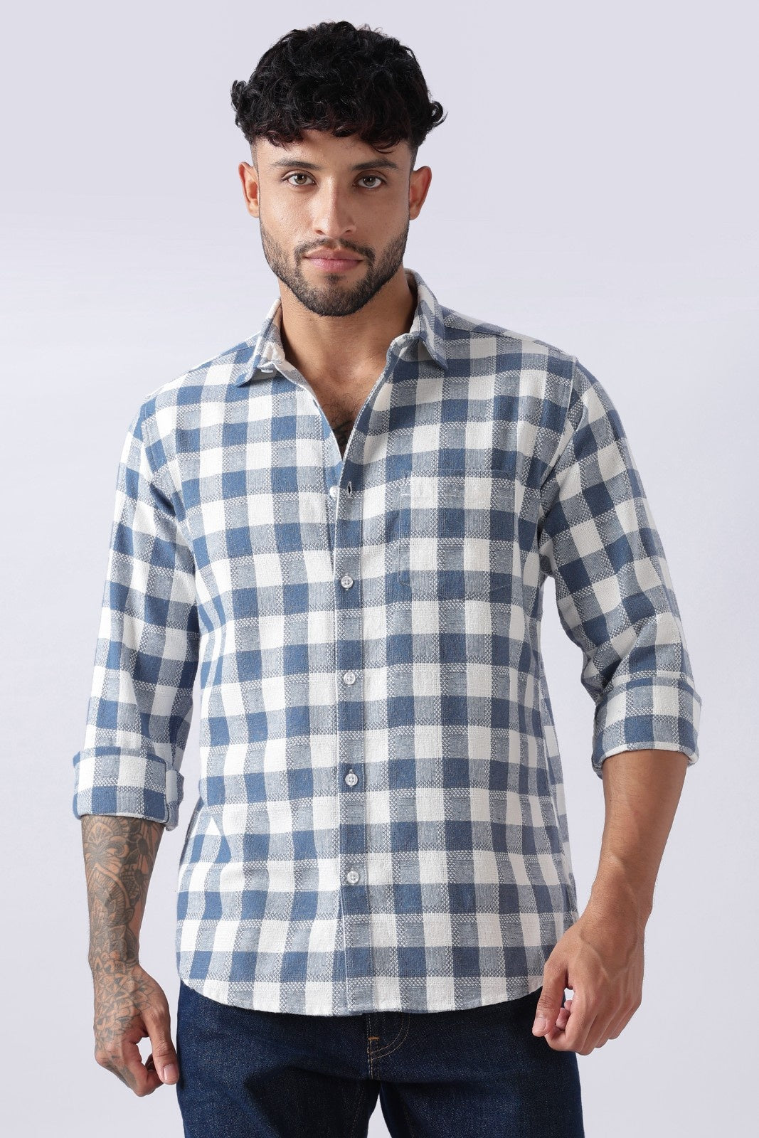 Slate Blue Dobby Check Casual Shirt