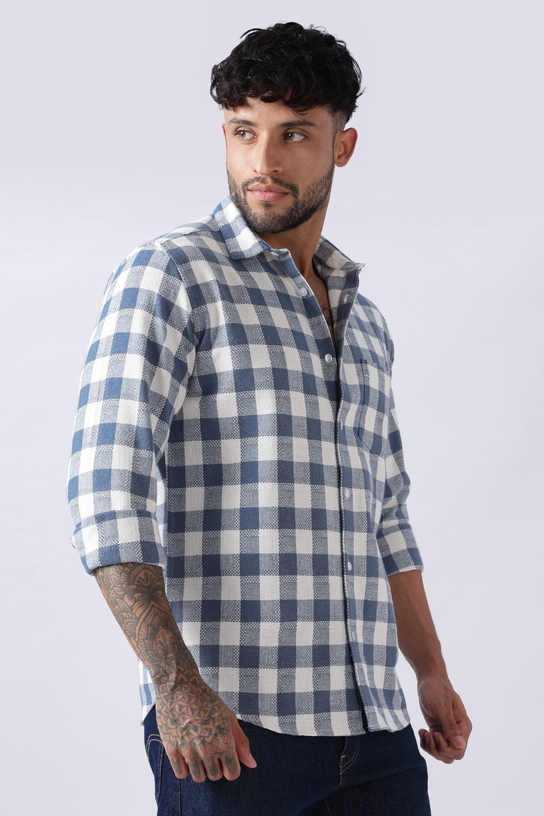 Slate Blue Dobby Check Casual Shirt