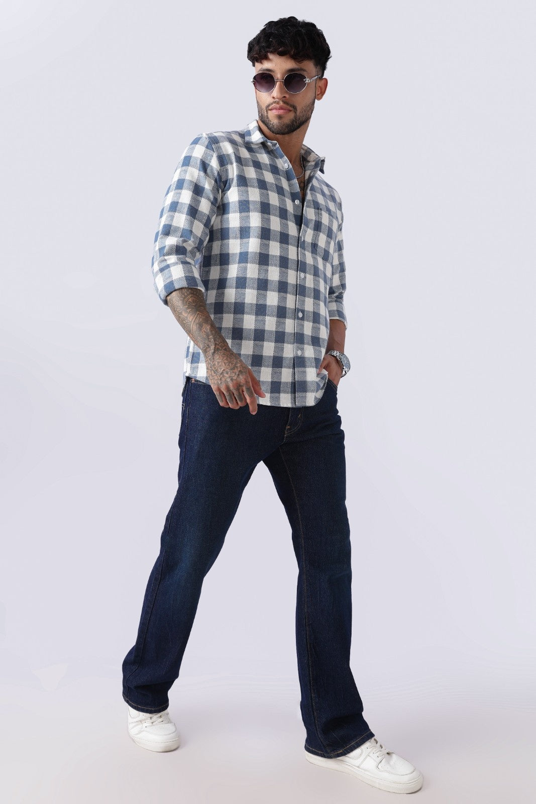 Slate Blue Dobby Check Casual Shirt