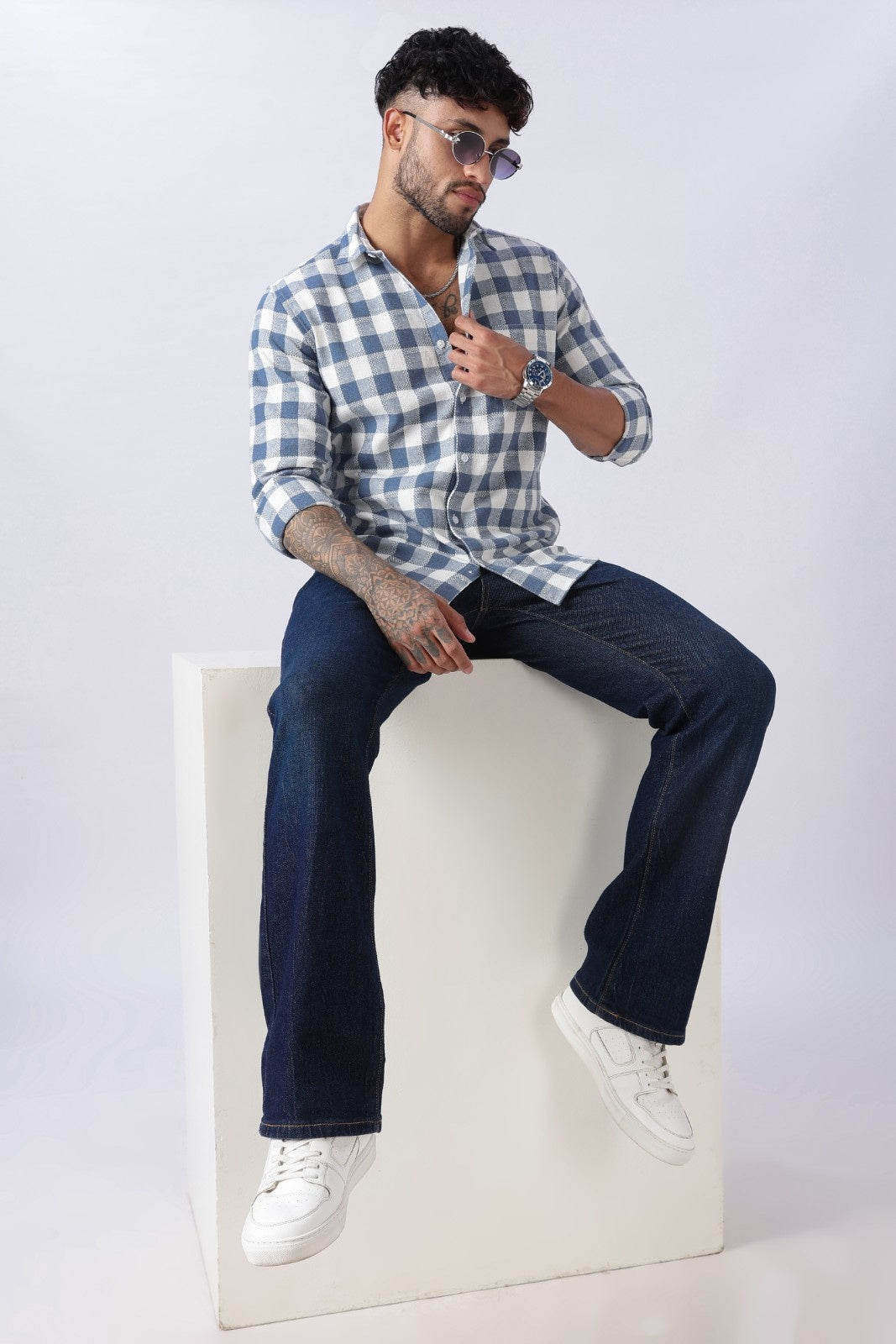 Slate Blue Dobby Check Casual Shirt