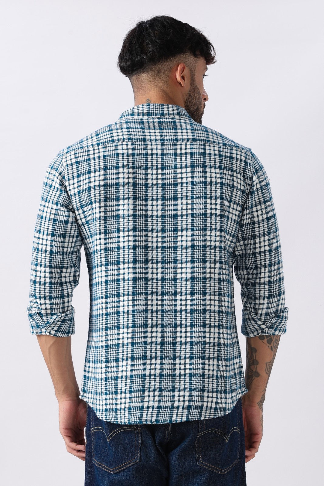 Teal Twill Check Regular Fit Cotton Shirt