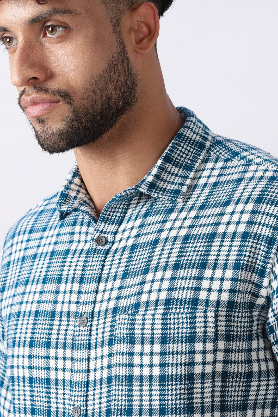 Teal Twill Check Regular Fit Cotton Shirt