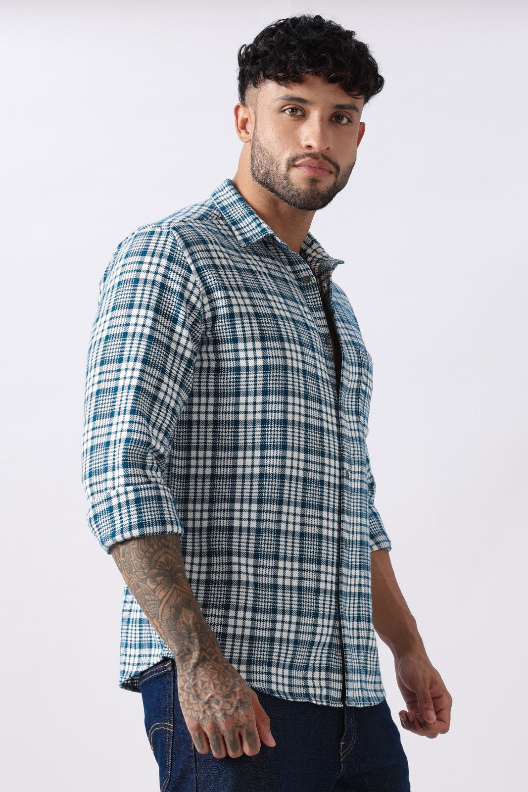 Teal Twill Check Regular Fit Cotton Shirt