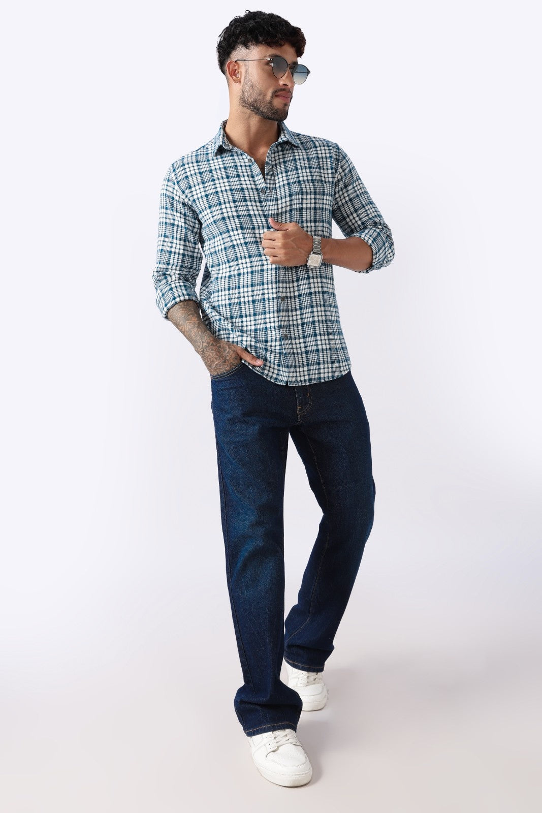 Teal Twill Check Regular Fit Cotton Shirt