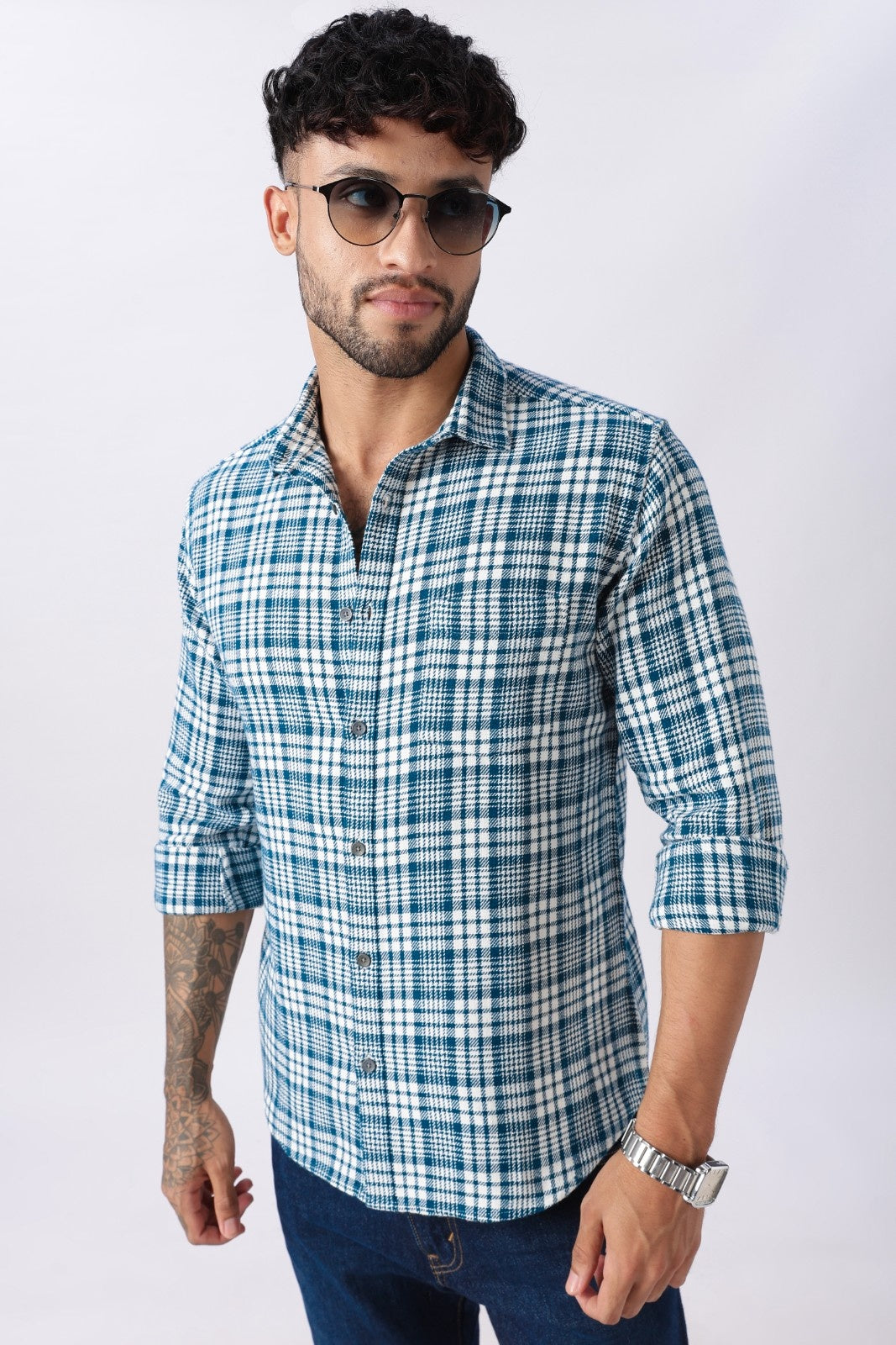Teal Twill Check Regular Fit Cotton Shirt