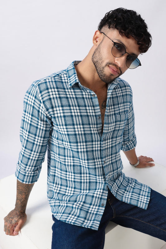 Teal Twill Check Regular Fit Cotton Shirt