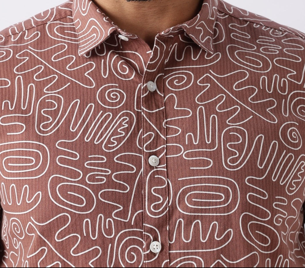Mocha Brown Abstract Print Cotton Shirt