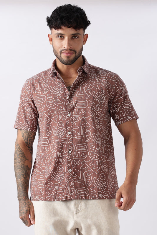 Mocha Brown Abstract Print Cotton Shirt