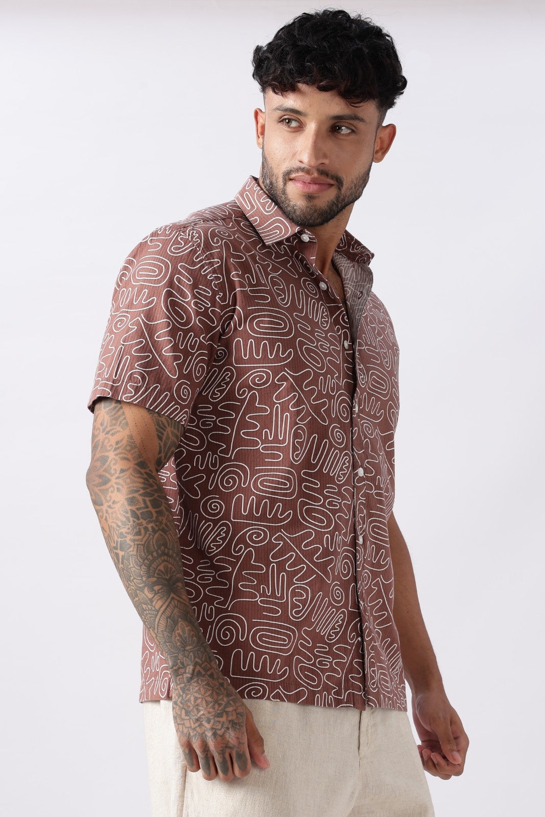 Mocha Brown Abstract Print Cotton Shirt