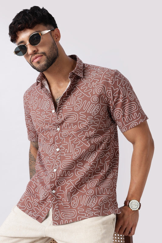 Mocha Brown Abstract Print Cotton Shirt