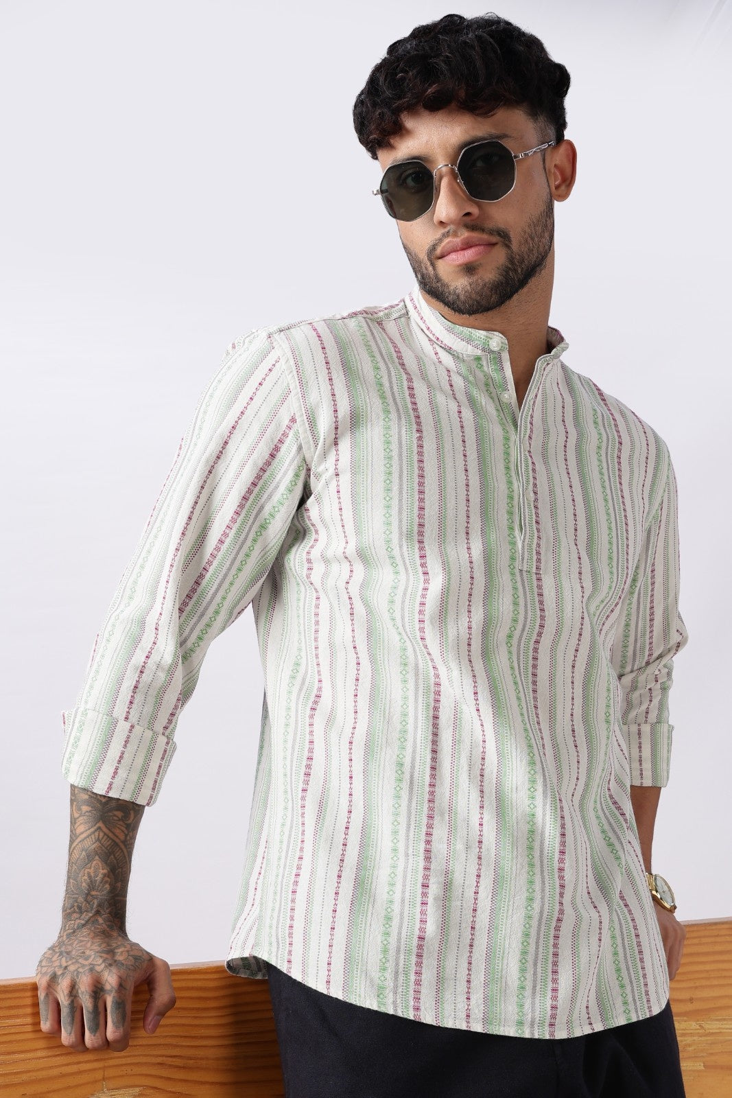 Ivory Green Dobby Stripe Short Kurta