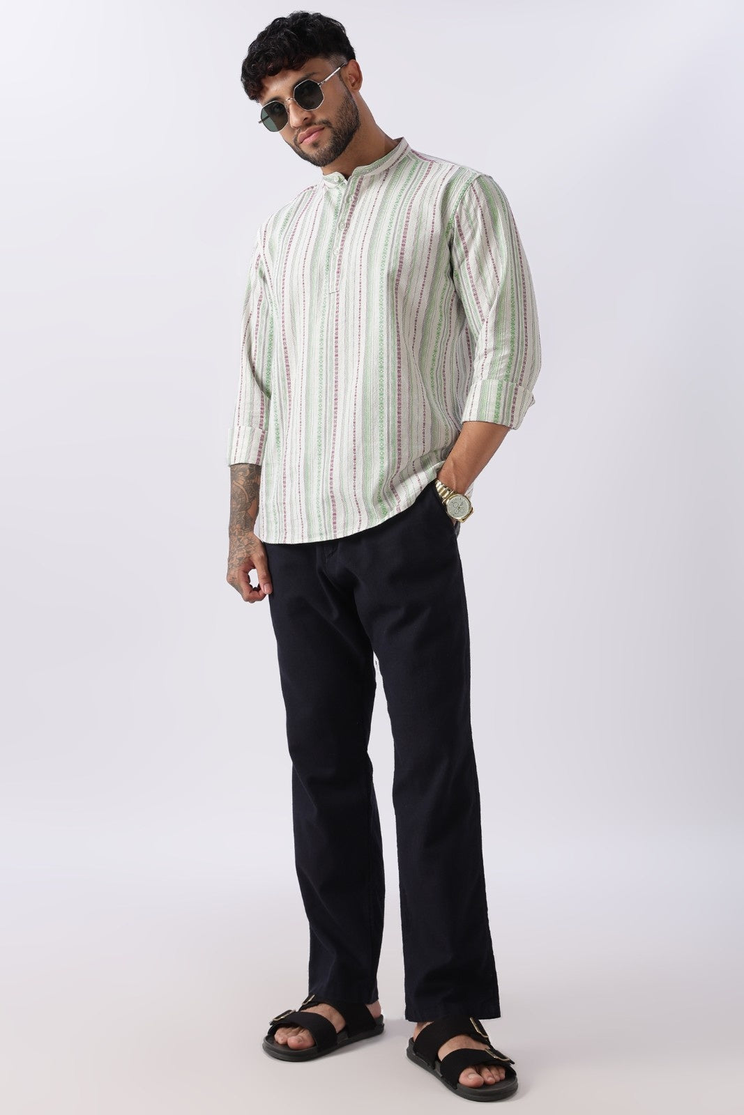 Ivory Green Dobby Stripe Short Kurta