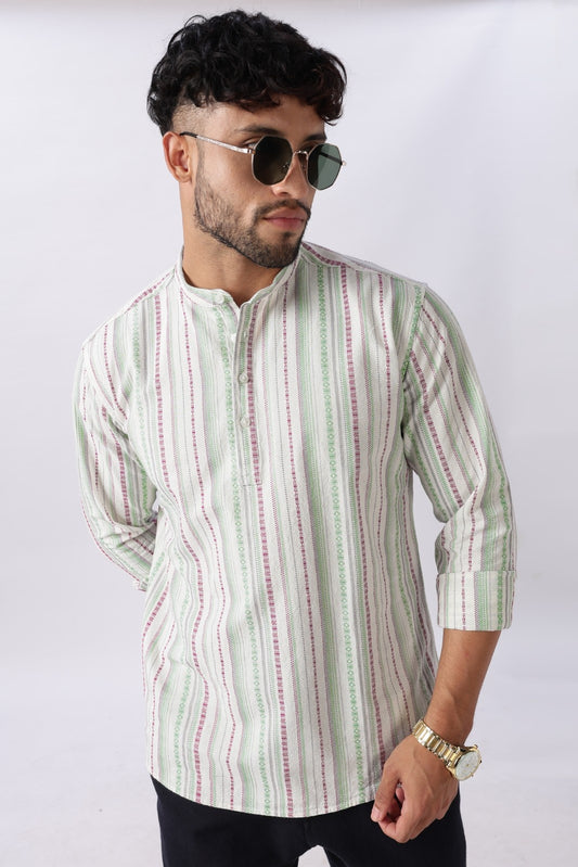 Ivory Green Dobby Stripe Short Kurta