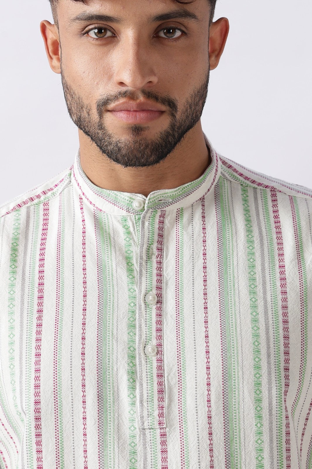 Ivory Green Dobby Stripe Short Kurta