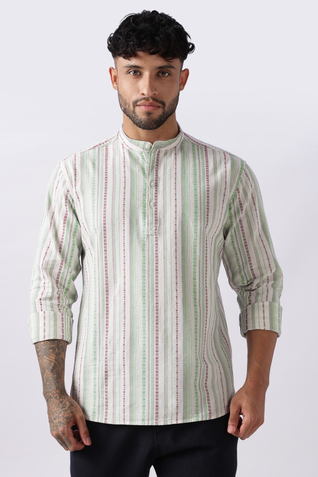 Ivory Green Dobby Stripe Short Kurta
