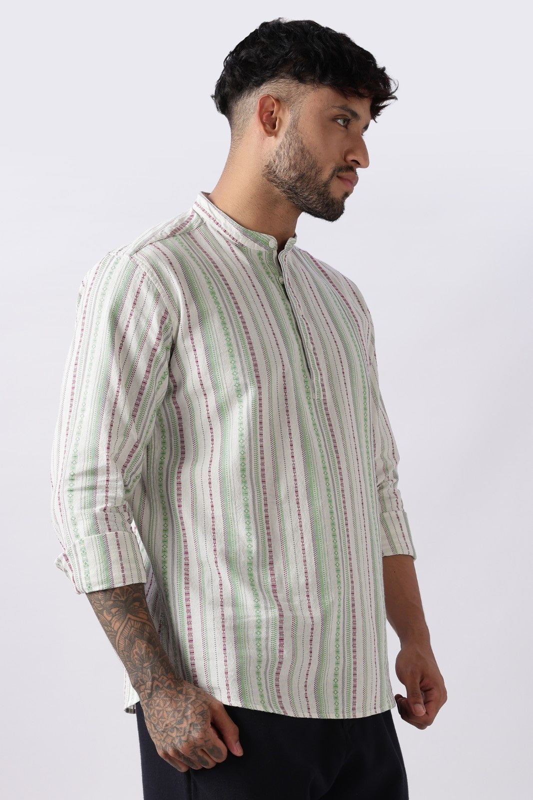Ivory Green Dobby Stripe Short Kurta