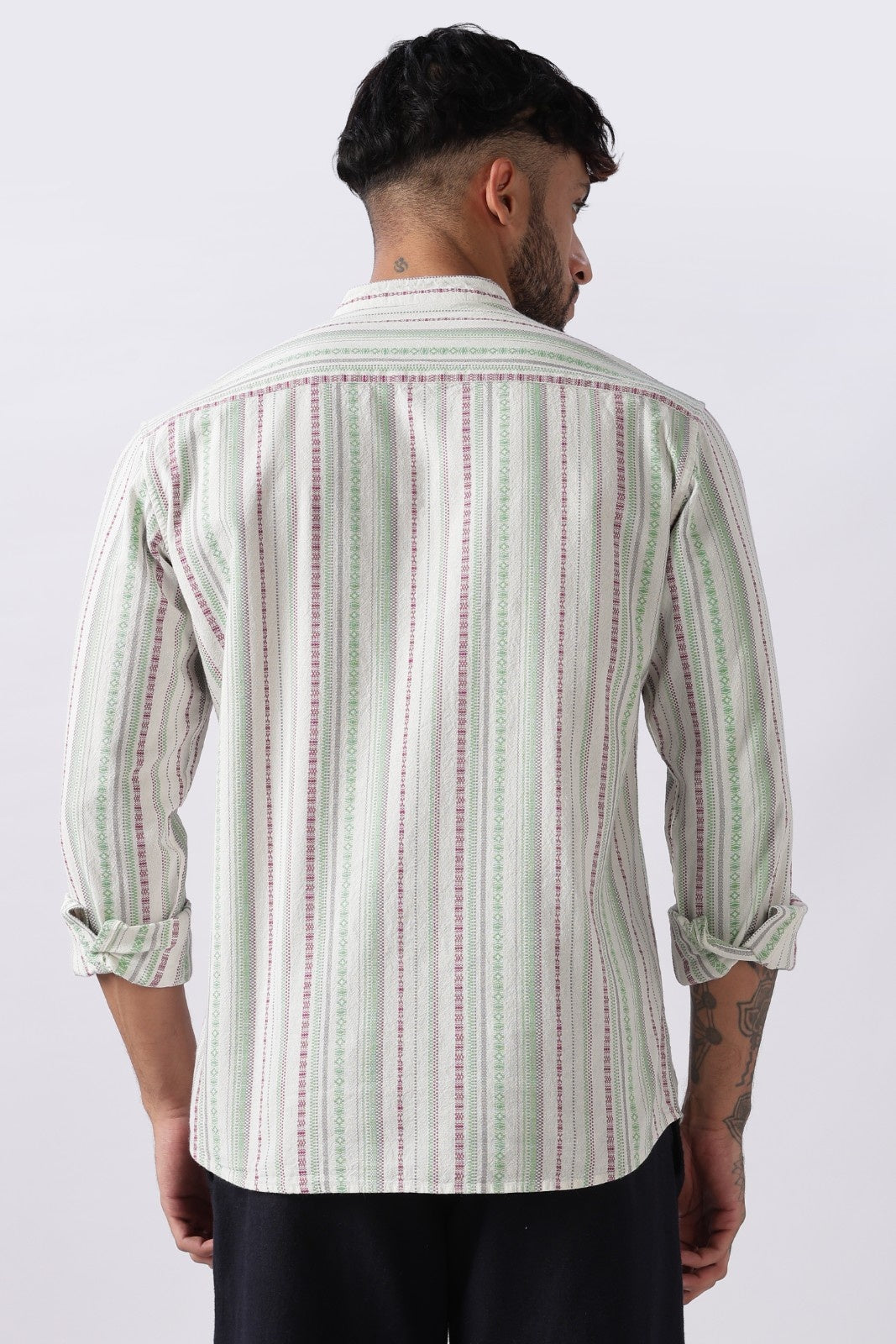 Ivory Green Dobby Stripe Short Kurta
