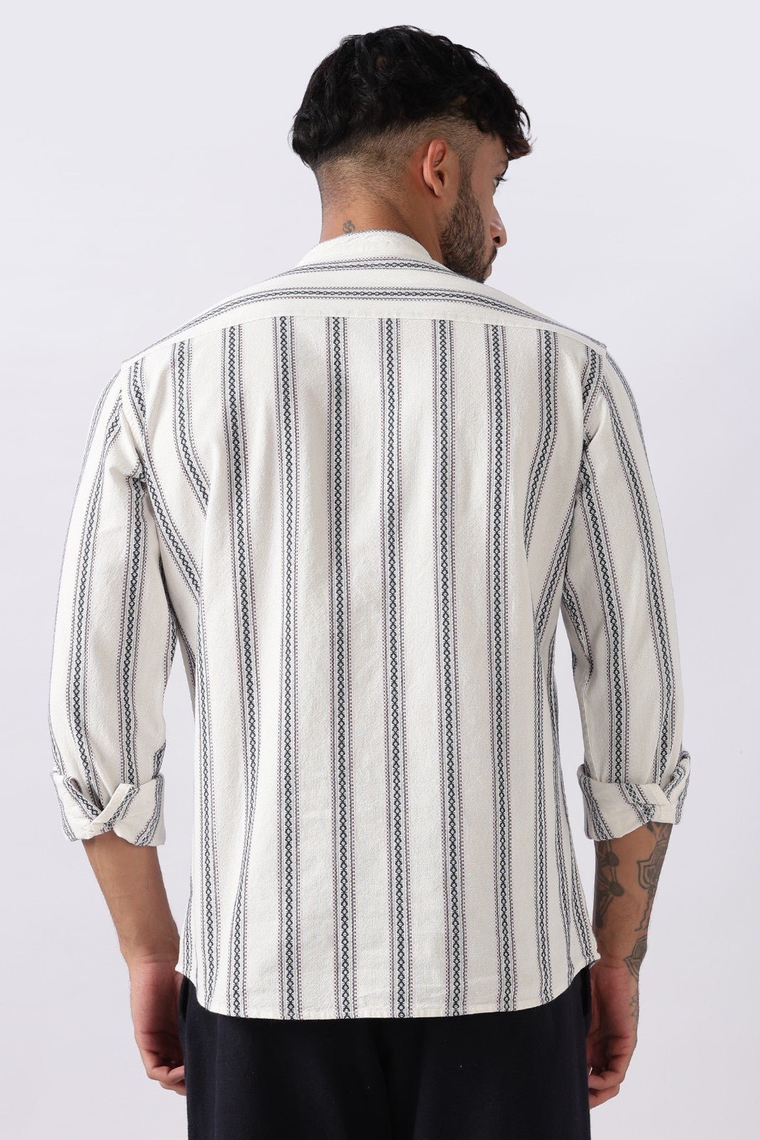 Off White Blue Dobby Stripe Short Kurta