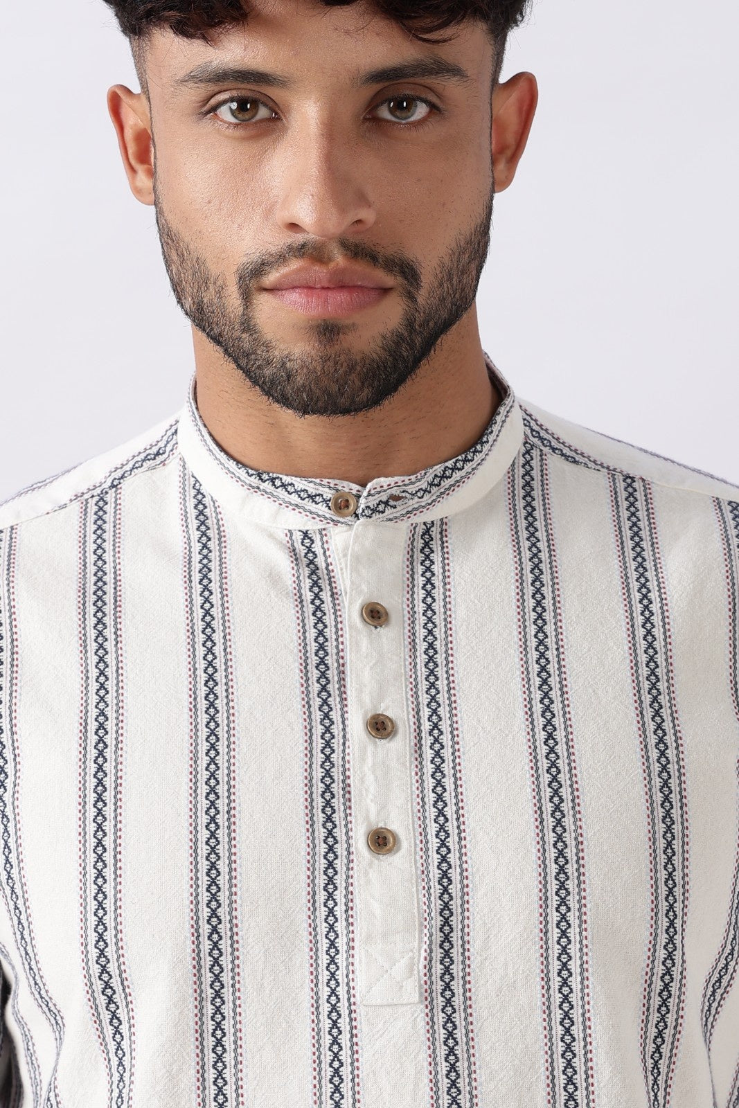 Off White Blue Dobby Stripe Short Kurta