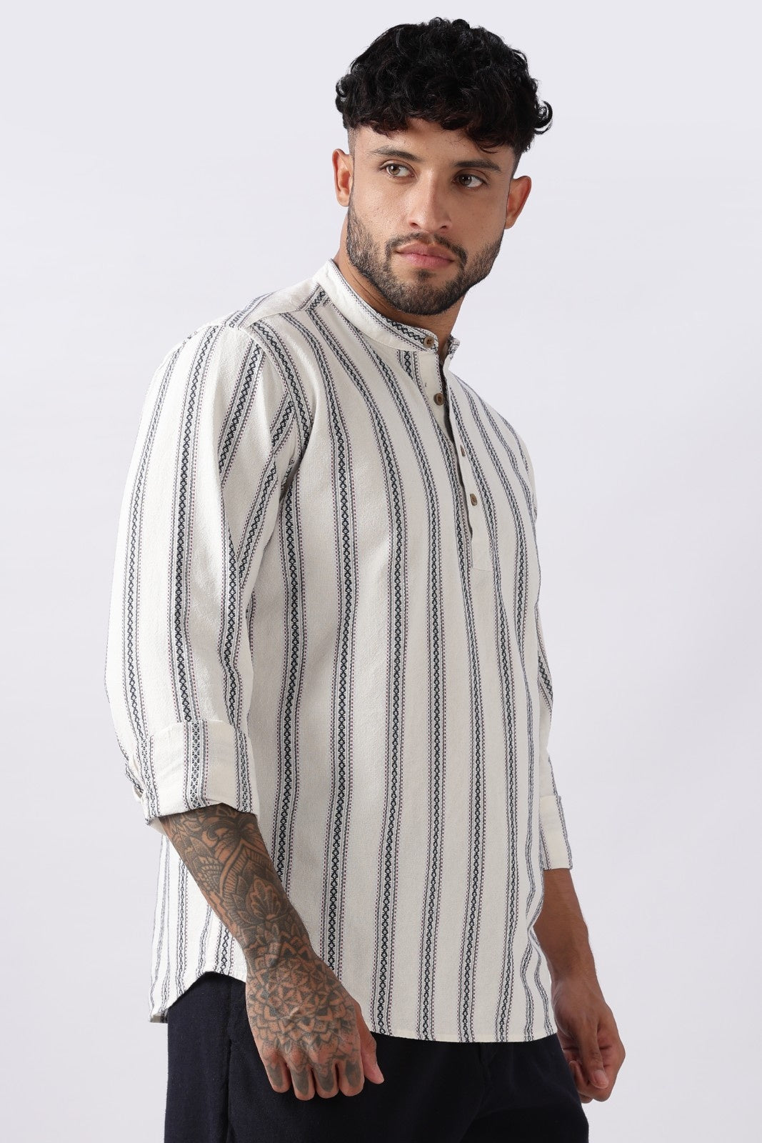 Off White Blue Dobby Stripe Short Kurta