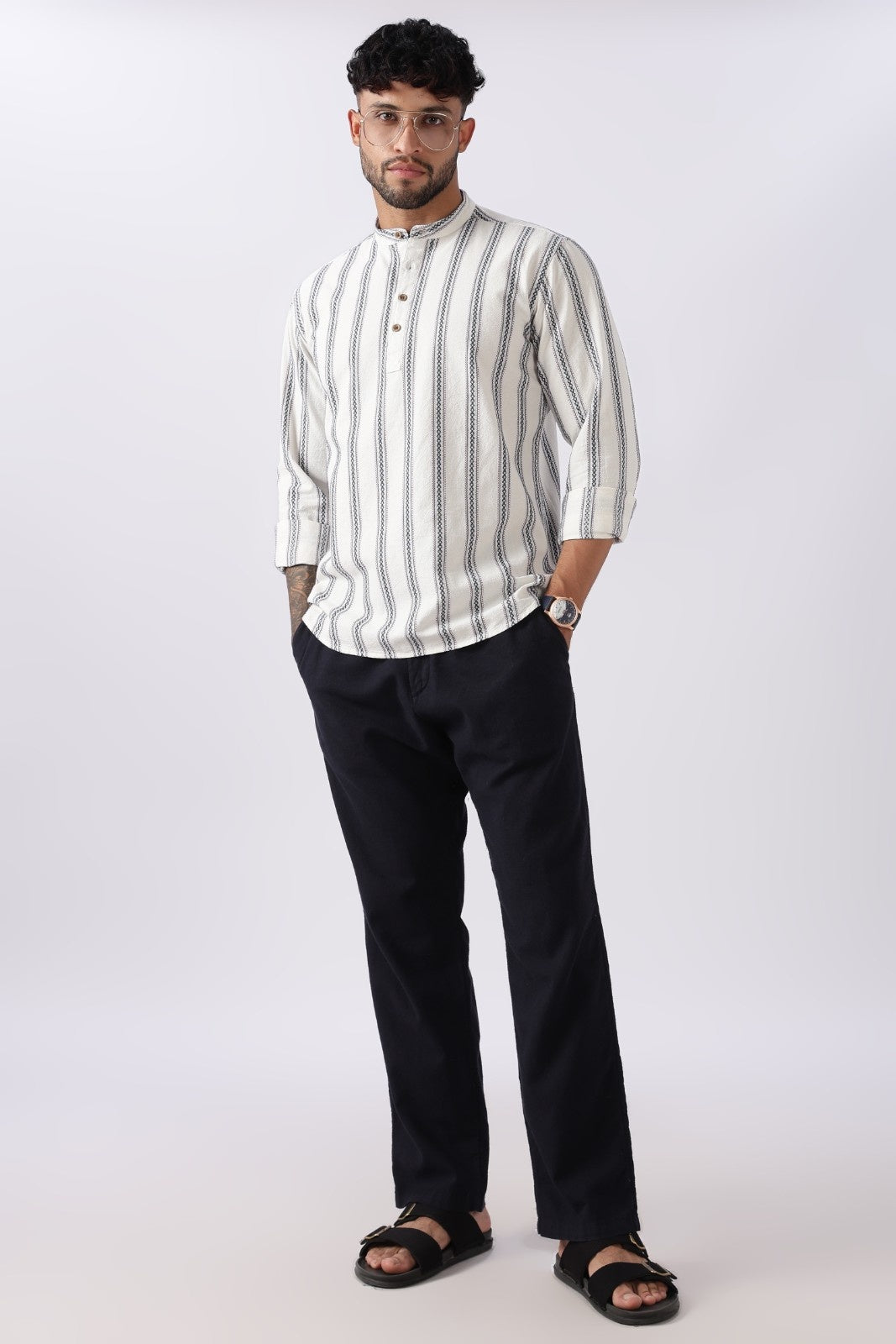 Off White Blue Dobby Stripe Short Kurta