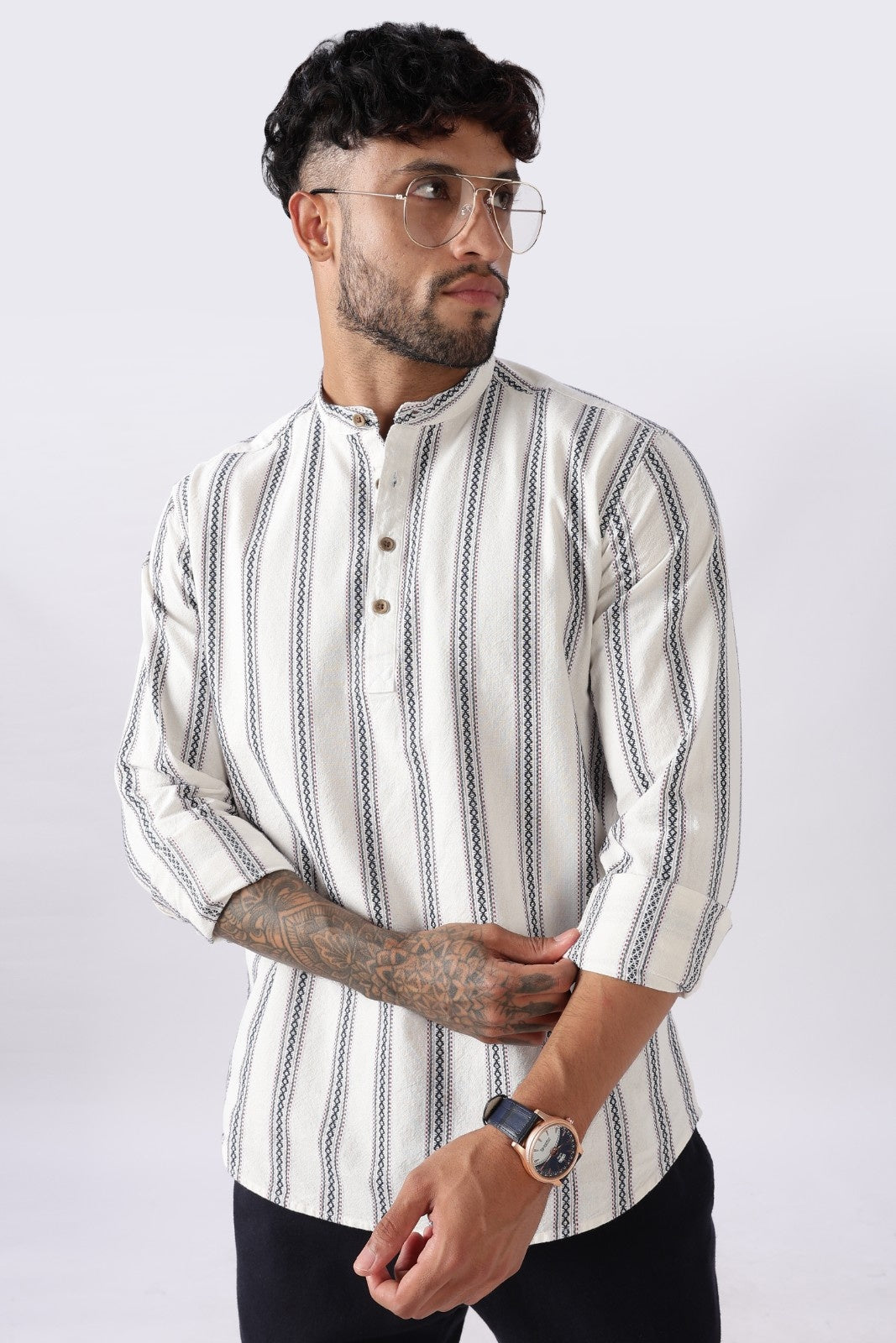 Off White Blue Dobby Stripe Short Kurta
