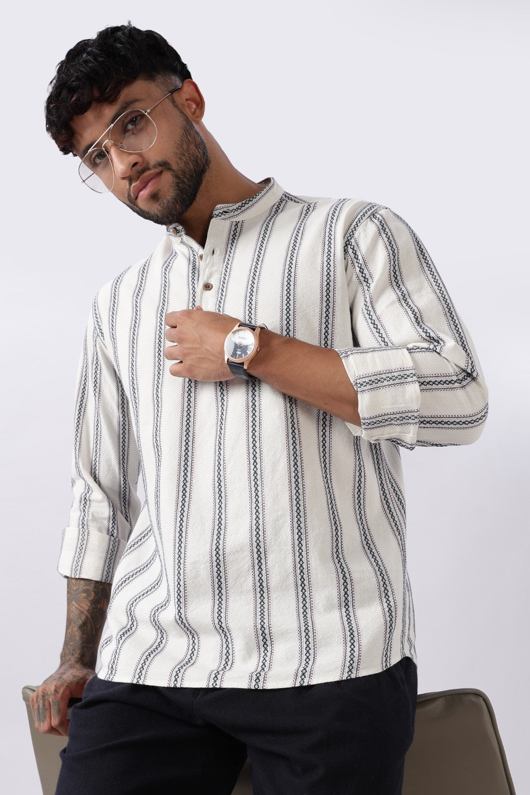 Off White Blue Dobby Stripe Short Kurta