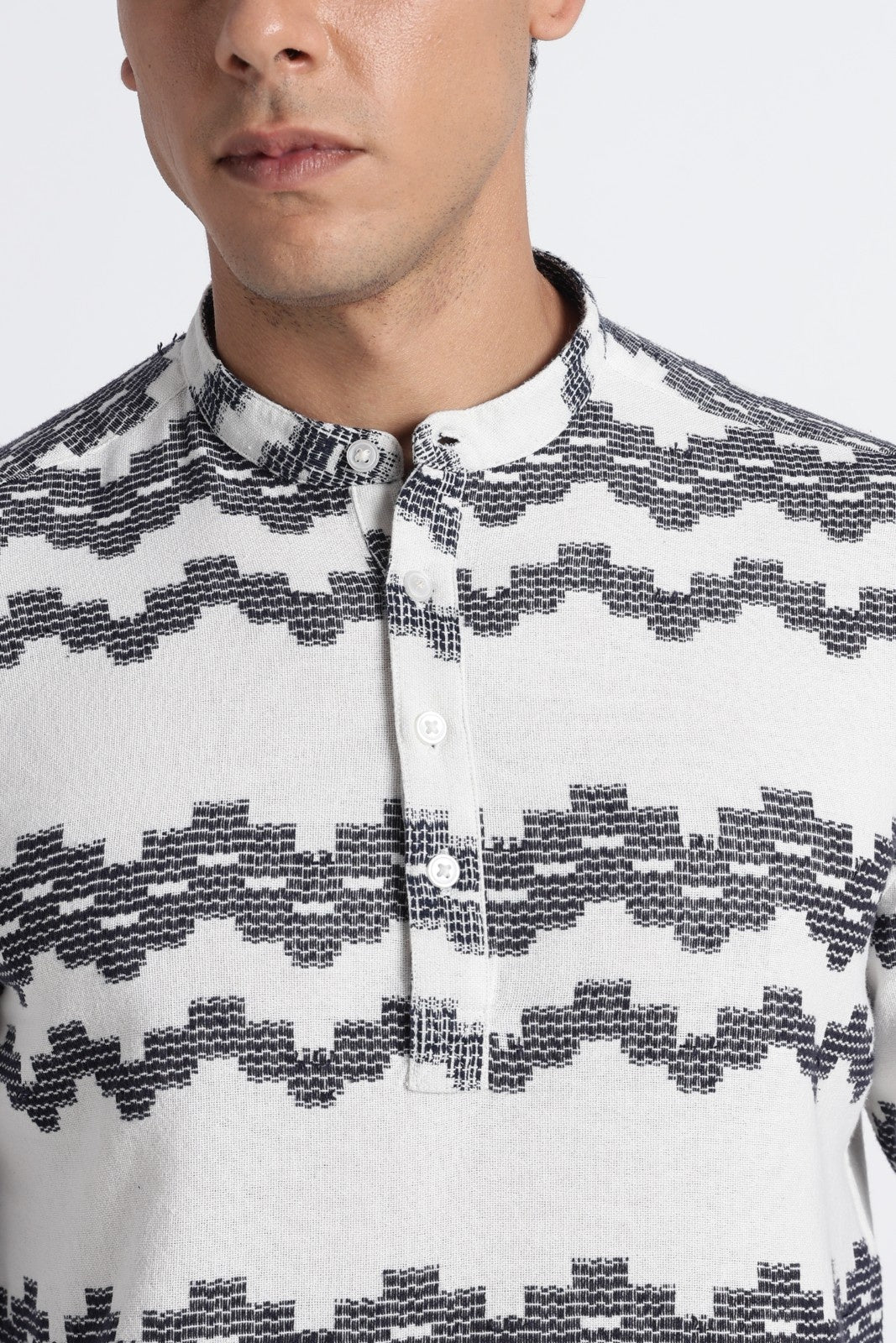 White Navy Dobby Short Kurta