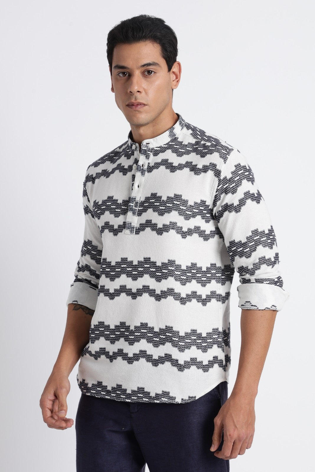 White Navy Dobby Short Kurta