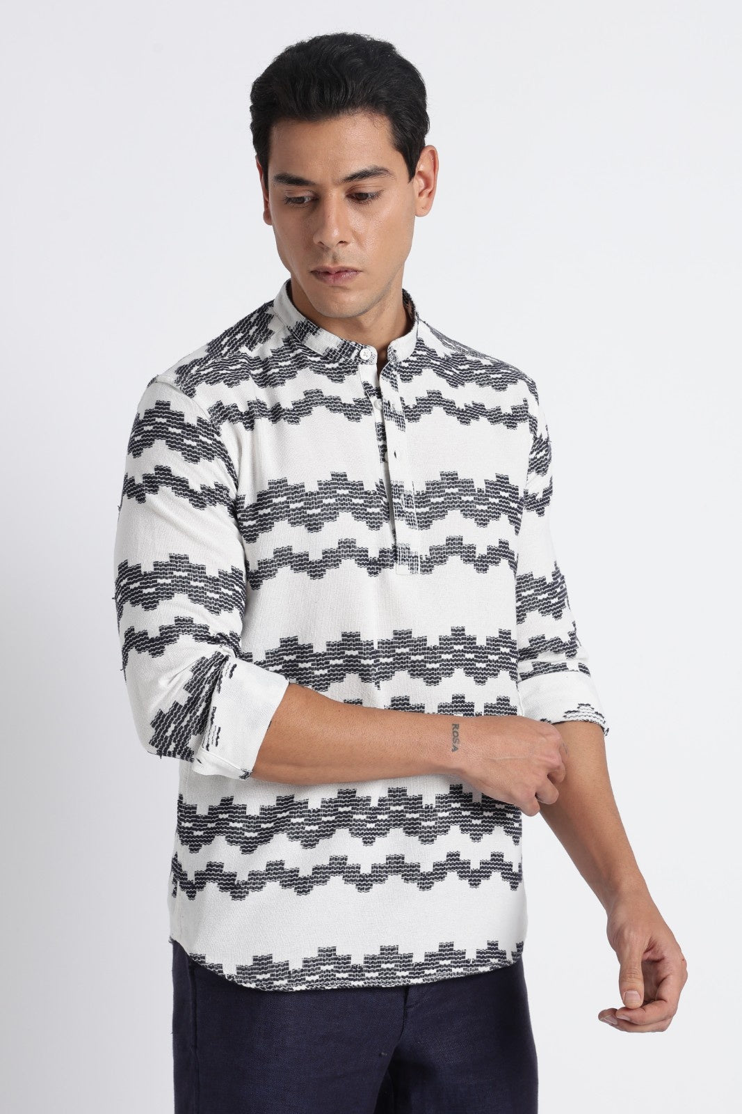 White Navy Dobby Short Kurta