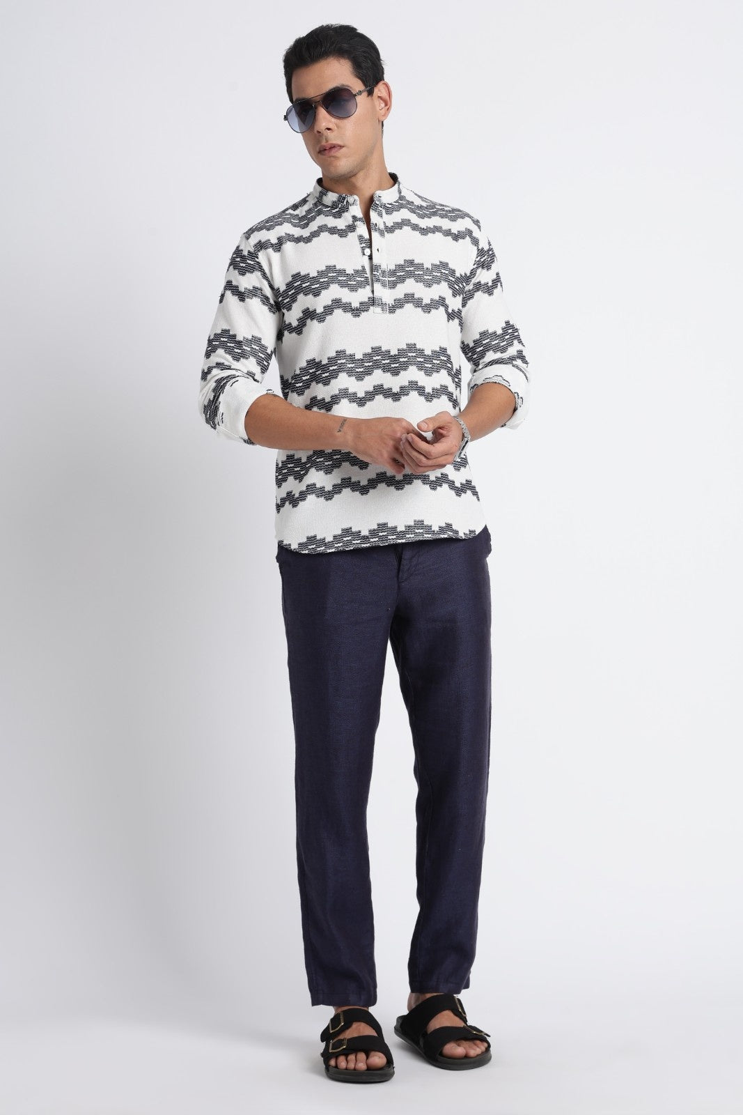 White Navy Dobby Short Kurta