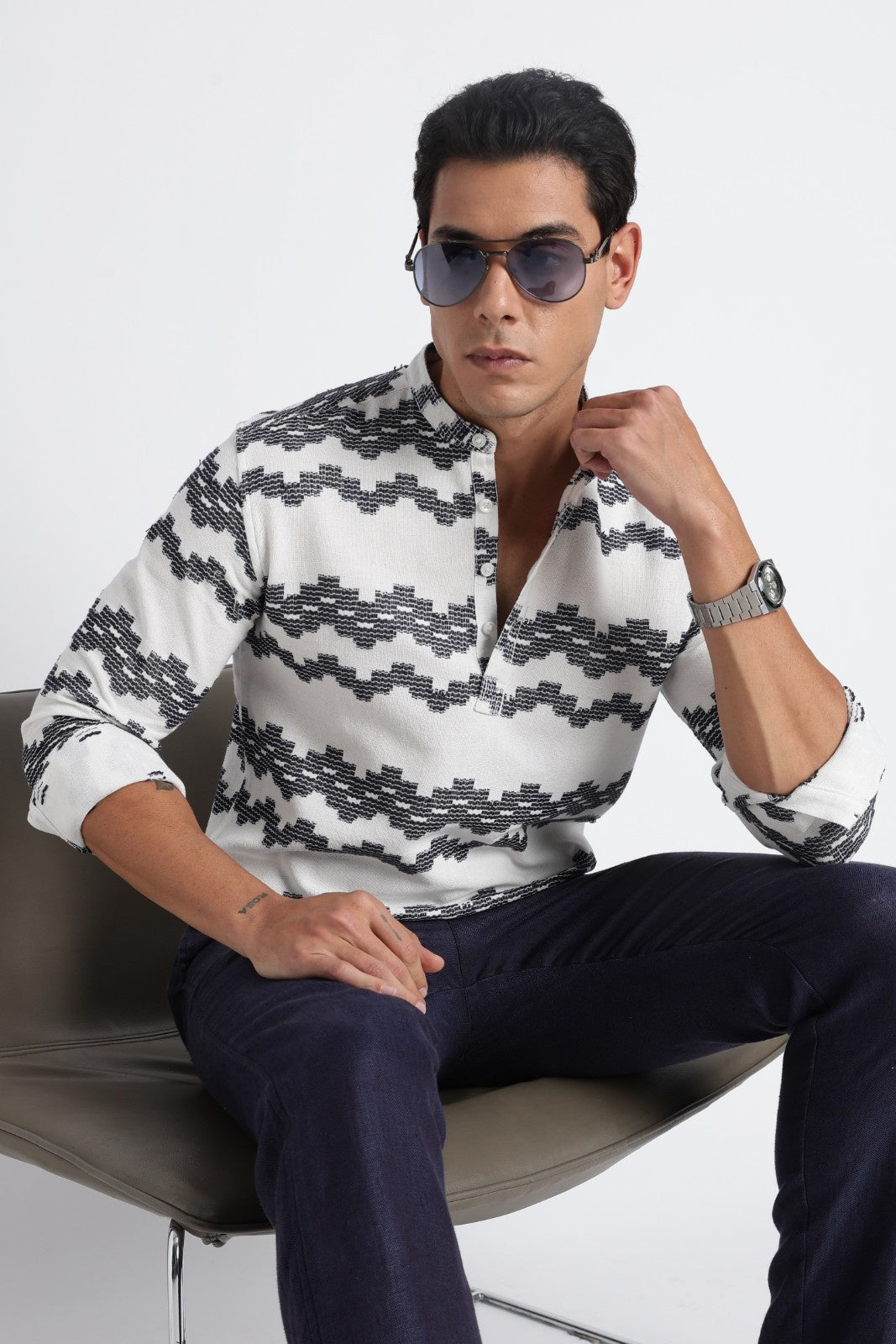 White Navy Dobby Short Kurta