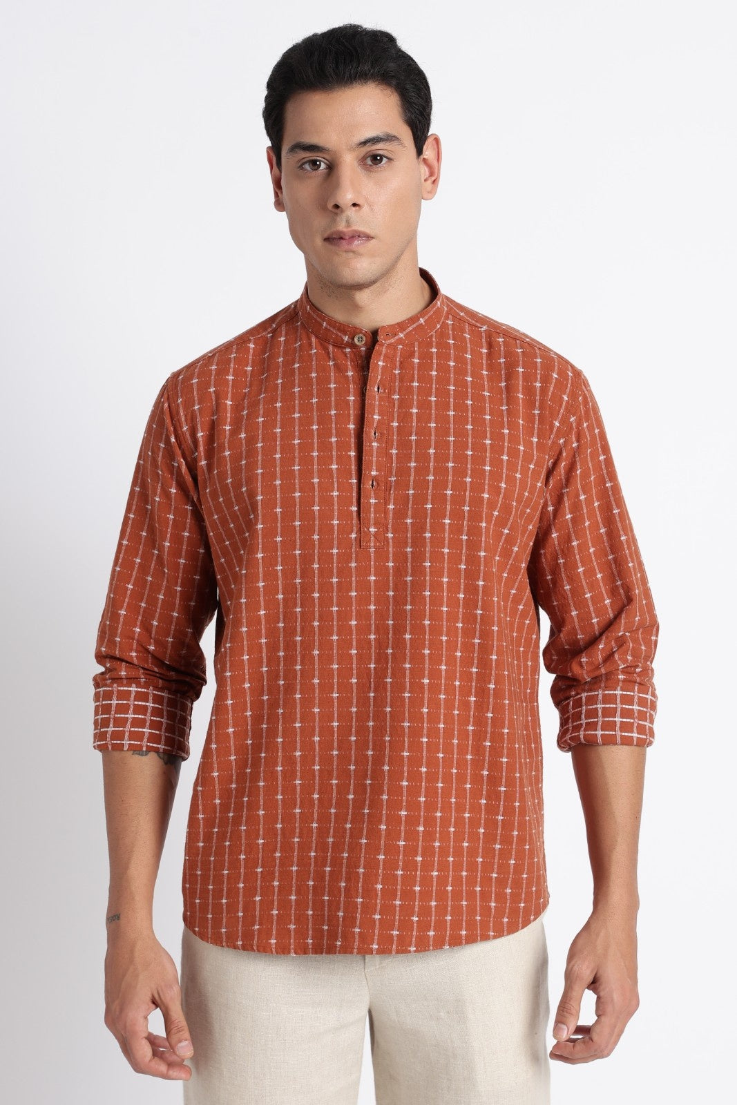Rust Brown Cotton Dobby Short Kurta