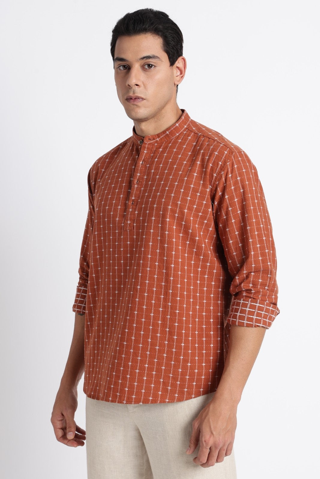 Rust Brown Cotton Dobby Short Kurta