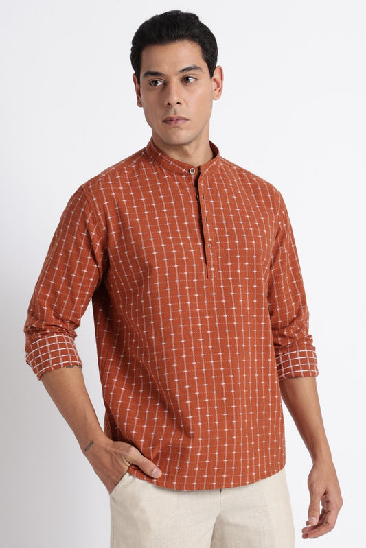 Rust Brown Cotton Dobby Short Kurta