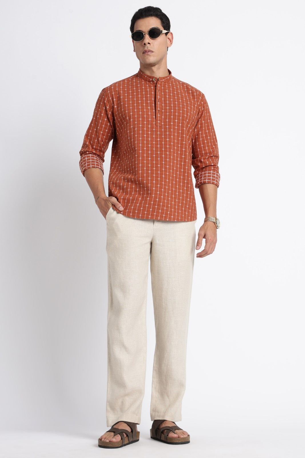 Rust Brown Cotton Dobby Short Kurta