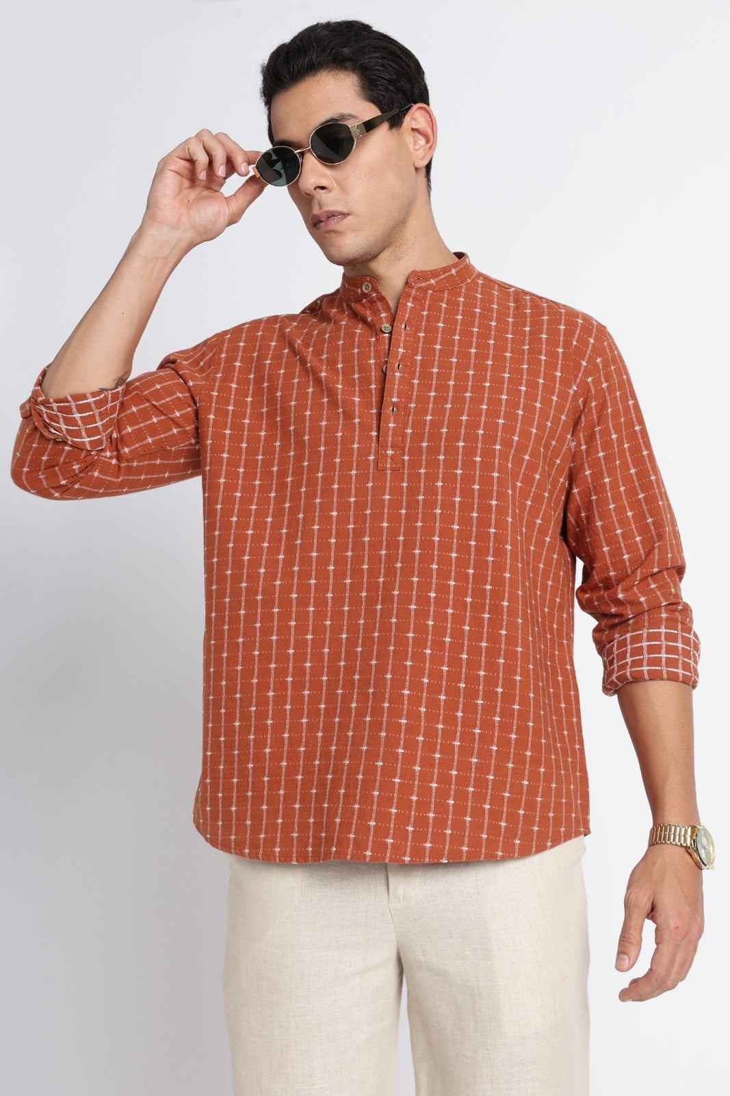 Rust Brown Cotton Dobby Short Kurta