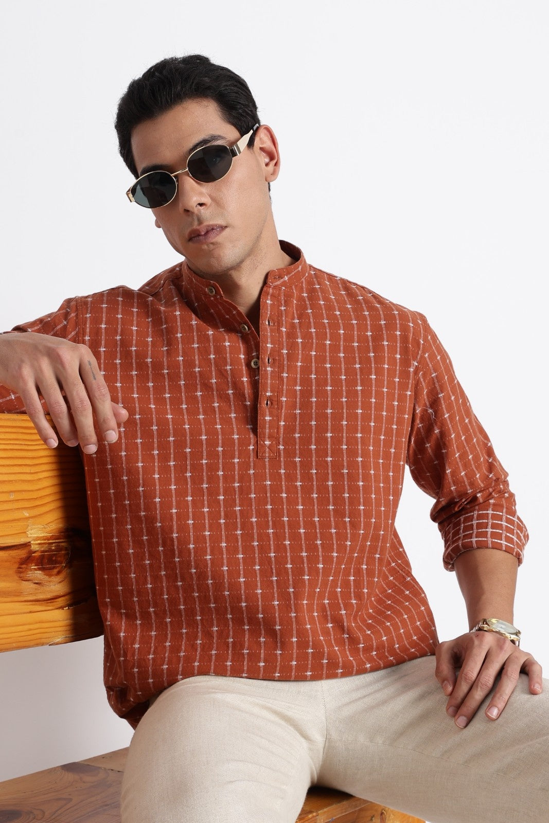 Rust Brown Cotton Dobby Short Kurta