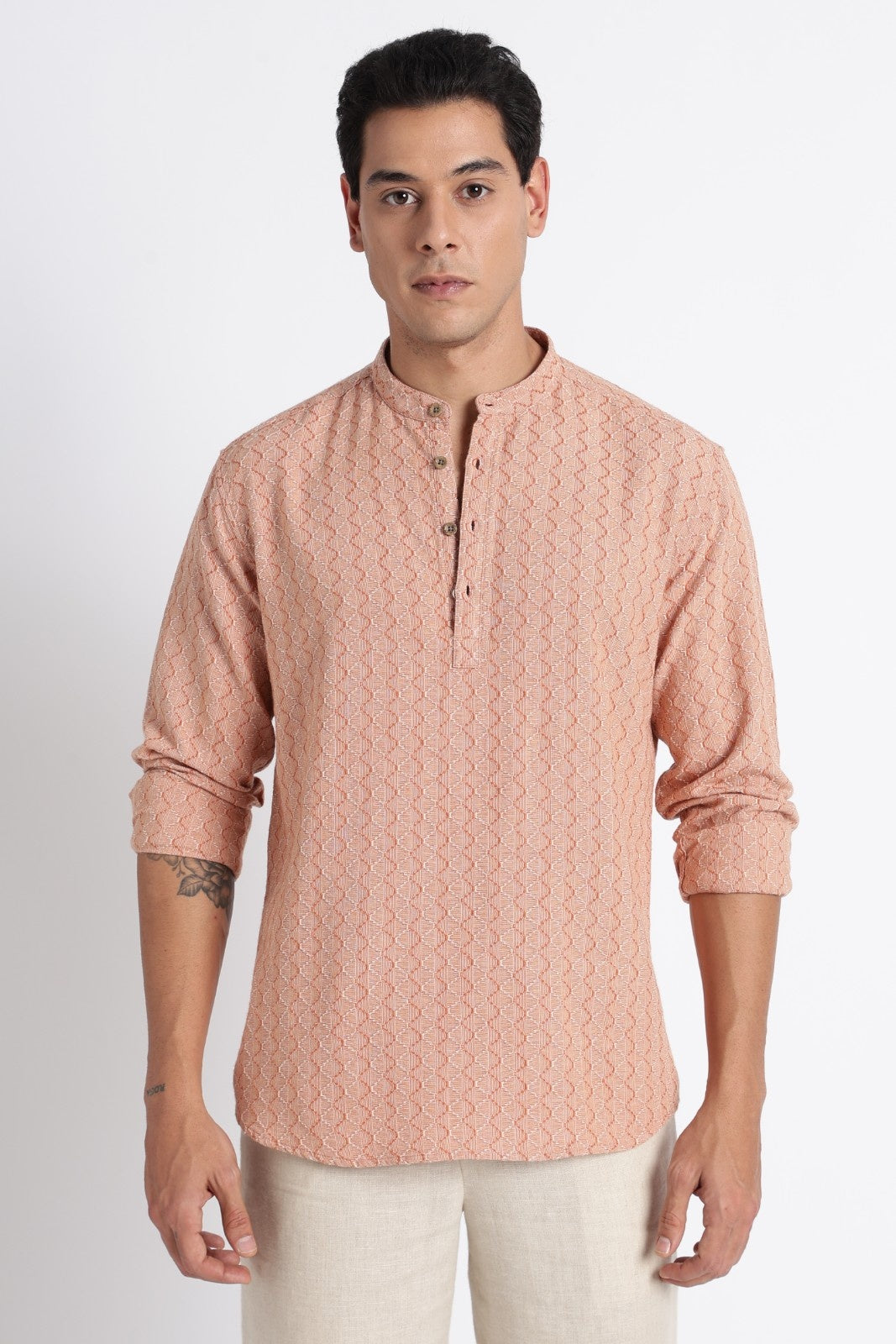 Apricot Orange Cotton Dobby Short Kurta