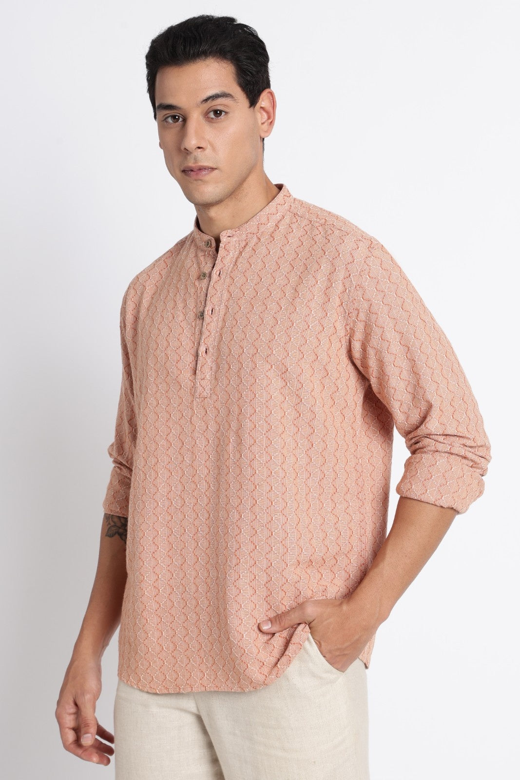 Apricot Orange Cotton Dobby Short Kurta