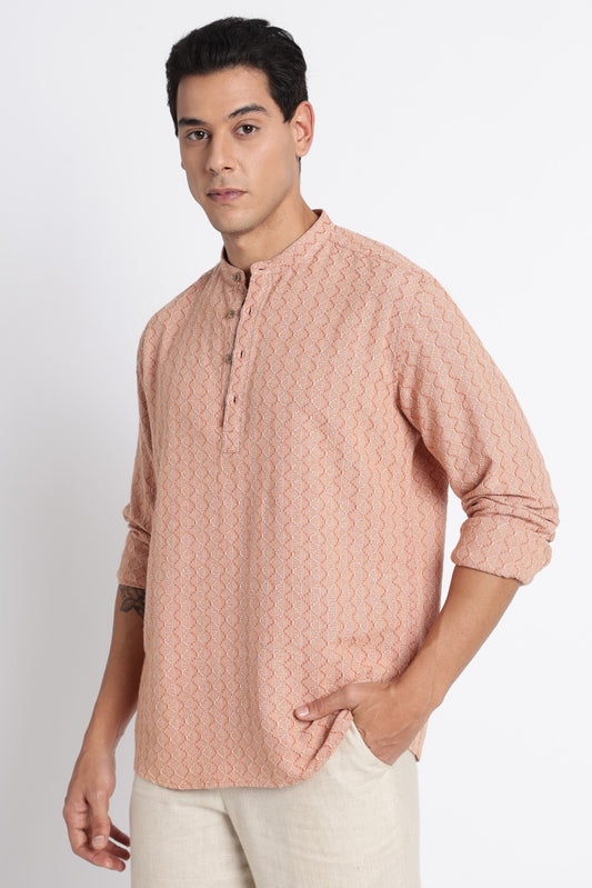 Apricot Orange Cotton Dobby Short Kurta