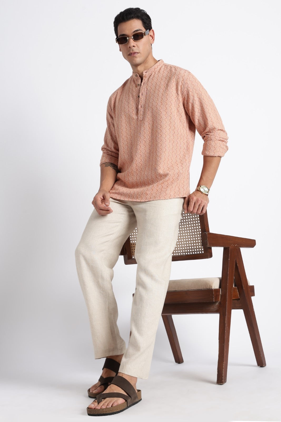 Apricot Orange Cotton Dobby Short Kurta