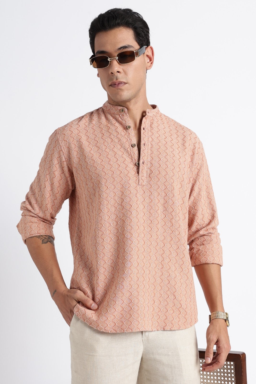 Apricot Orange Cotton Dobby Short Kurta