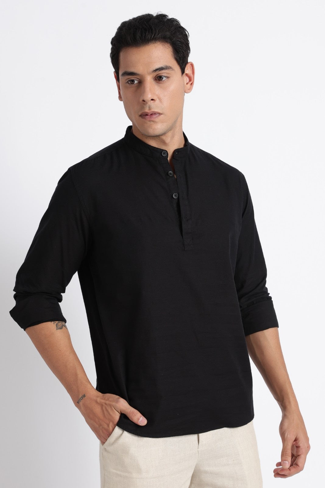 Classic Black Textured Short Kurta