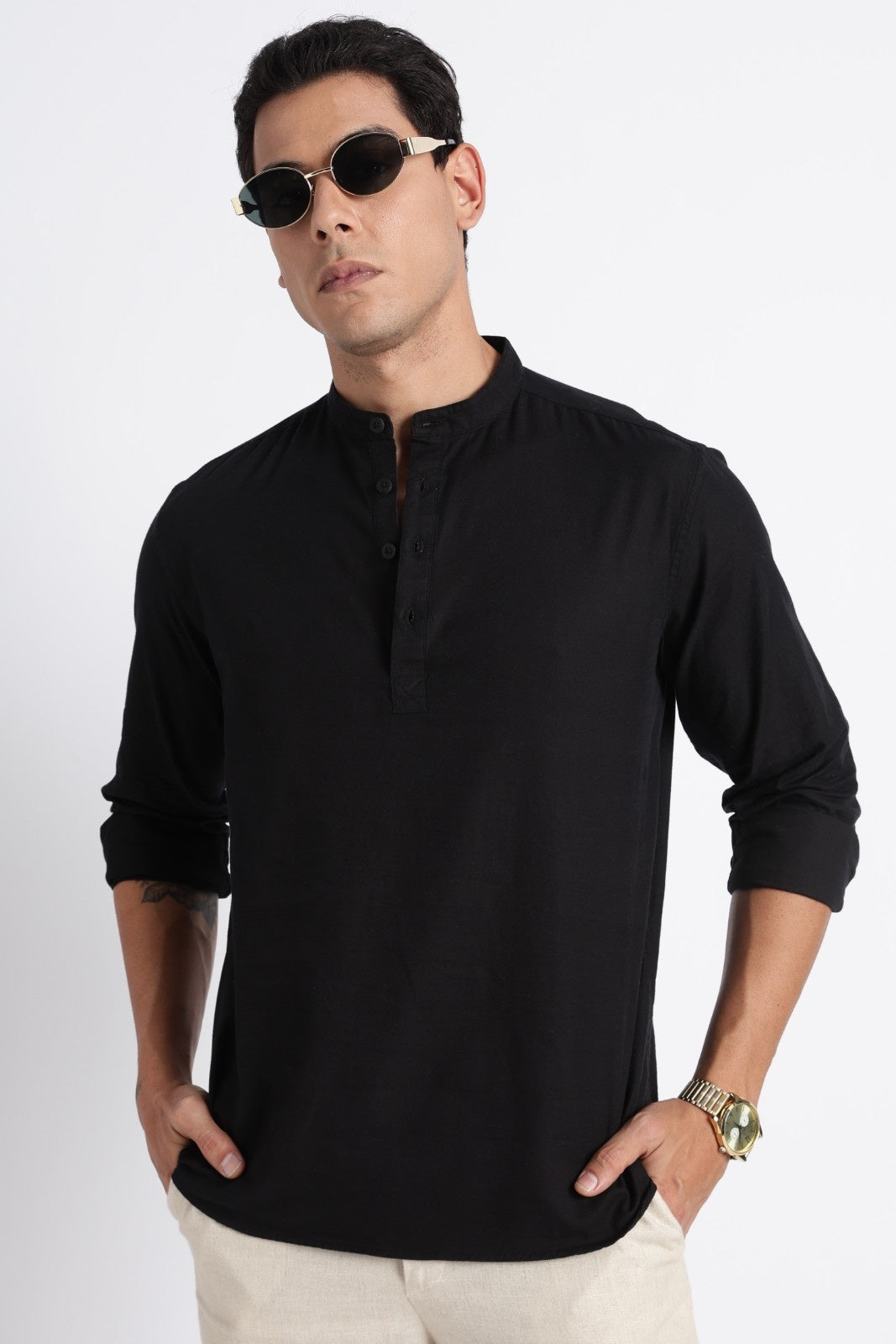 Classic Black Textured Short Kurta