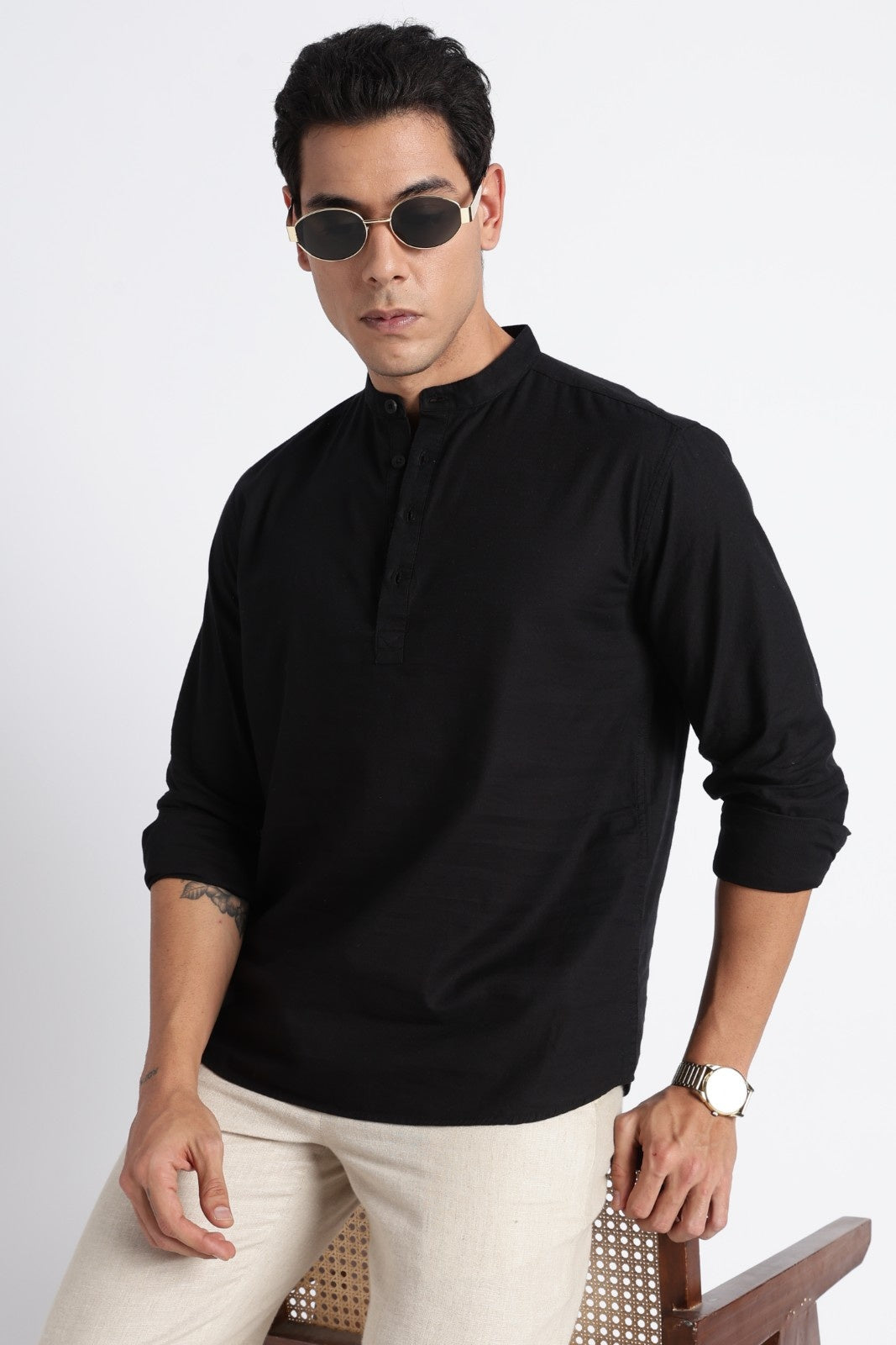 Classic Black Textured Short Kurta