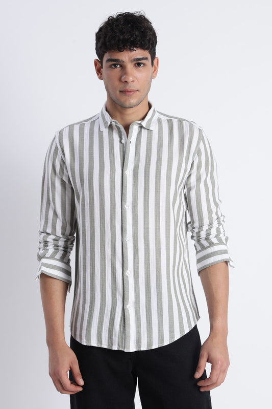 Sage Green Stripe Double Cloth Shirt