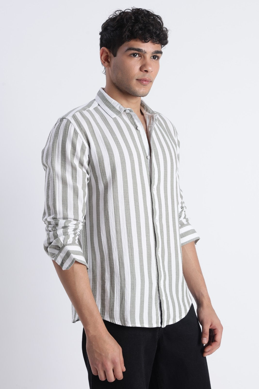 Sage Green Stripe Double Cloth Shirt